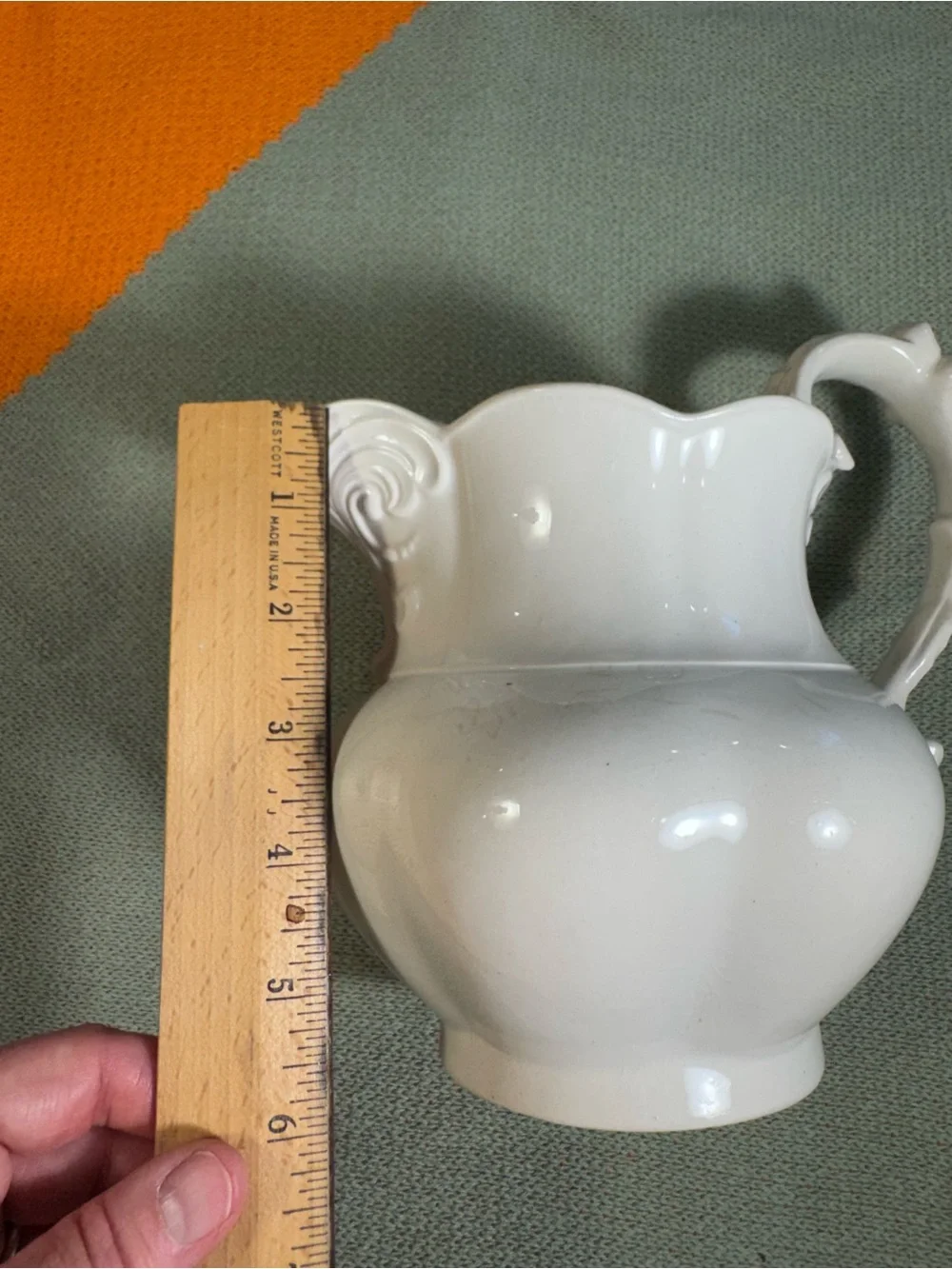 Antique White Ironstone Ice Lip Pitcher Scalloped Ceramic Jug Built-in strainer